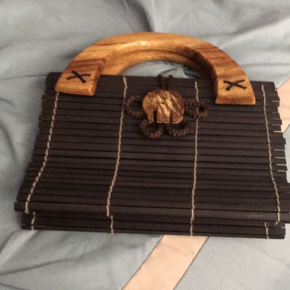 Bamboo purse, embellished carved elephant, wooden handle, cord button closure